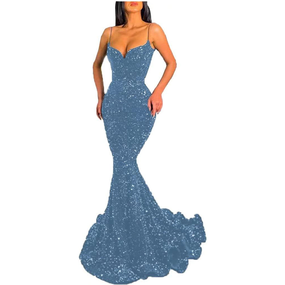 Pailletten-Meerjungfrauen-Ballkleid, funkelndes V-Ausschnitt-Ballkleid mit italienischen Nudelträgern