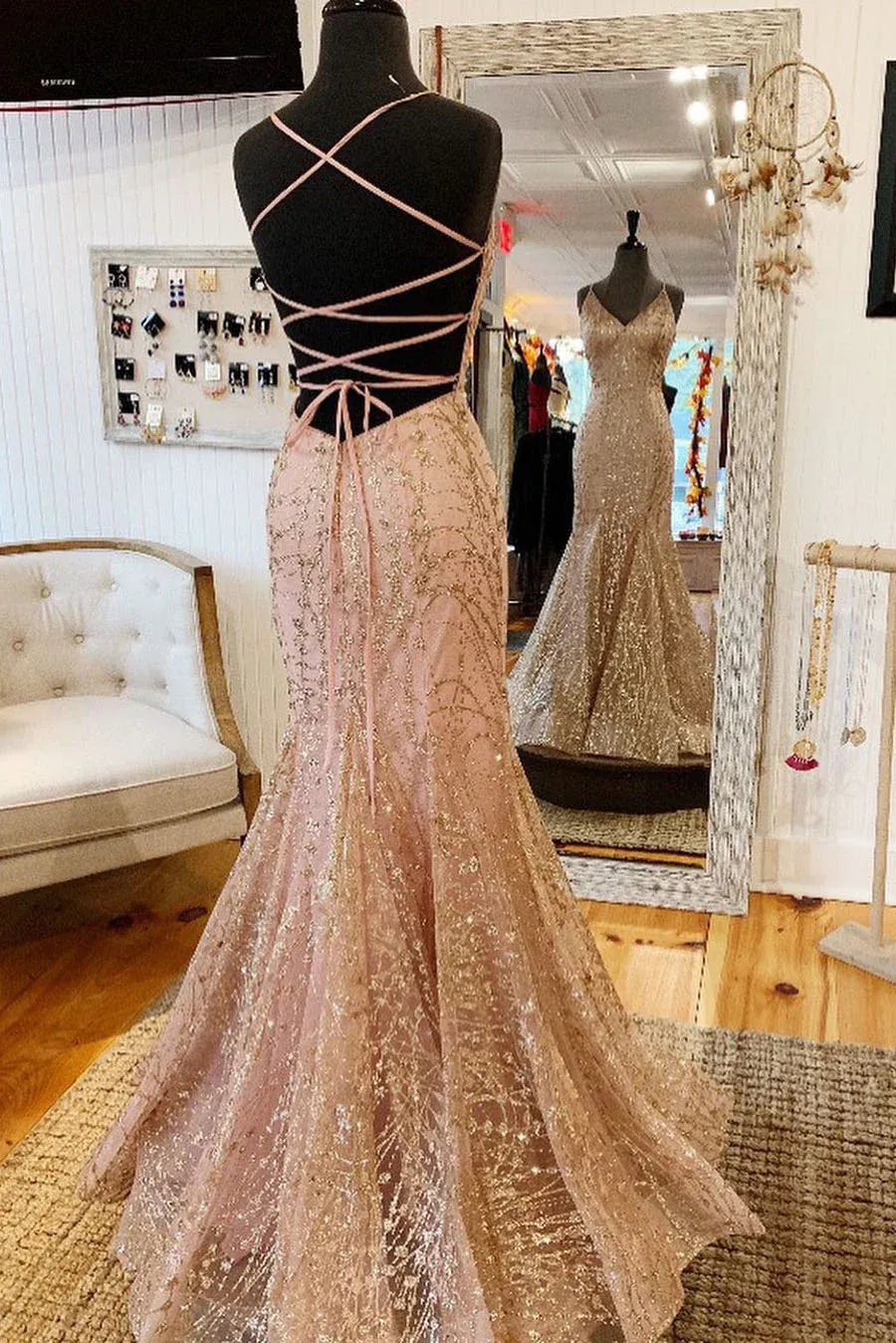 Blush Gold Sequin Mermaid V-Neck Lace-Up Back Prom Dress