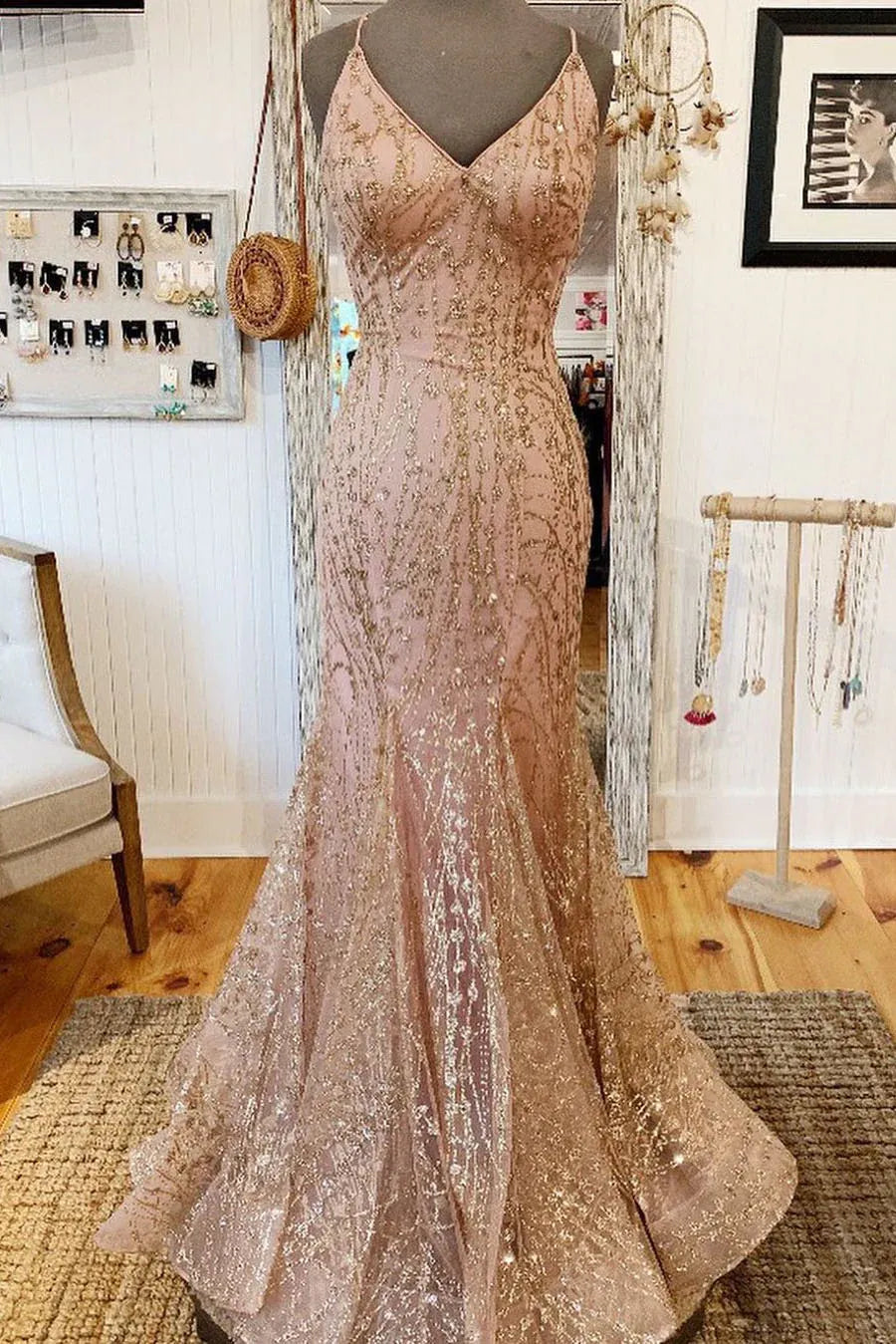 Blush Gold Sequin Mermaid V-Neck Lace-Up Back Prom Dress