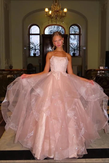 Blush Pink Ball-Gown Straight-Neck Spaghetti-Strap Lace-Up-Back Prom Dress