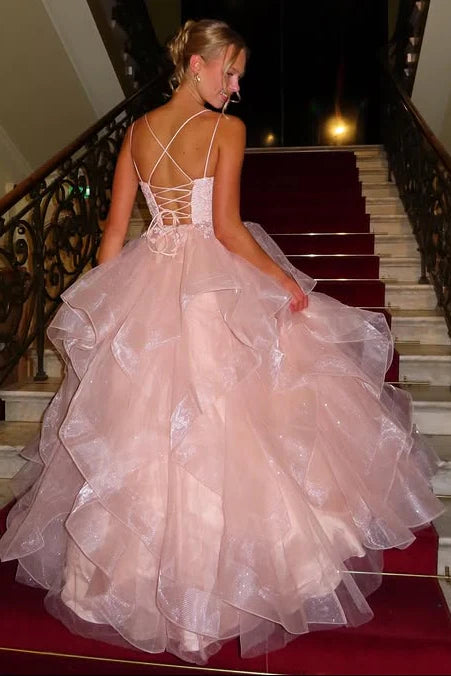 Blush Pink Ball-Gown Straight-Neck Spaghetti-Strap Lace-Up-Back Prom Dress