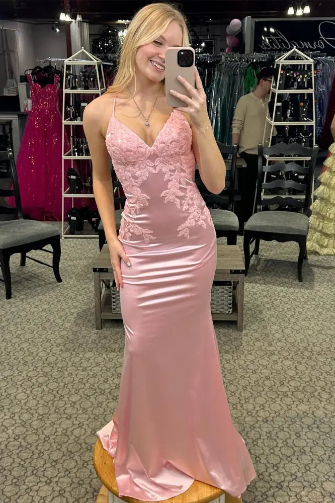 Blush Pink Lace Applique Open-Back Mermaid Prom Dress