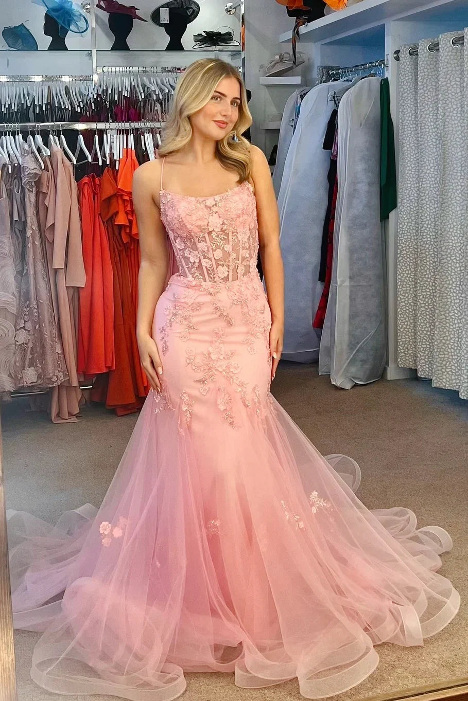 Blush Pink Mermaid Straight-Neck Spaghetti-Strap Lace-Up-Back Prom Dress