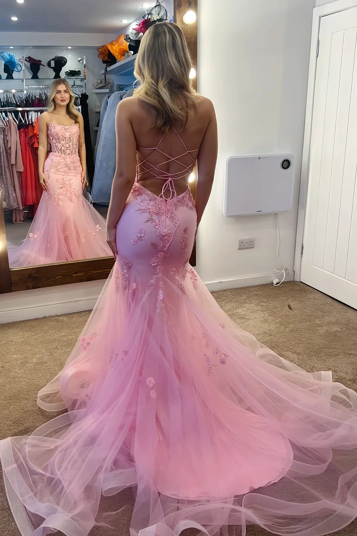 Blush Pink Mermaid Straight-Neck Spaghetti-Strap Lace-Up-Back Prom Dress