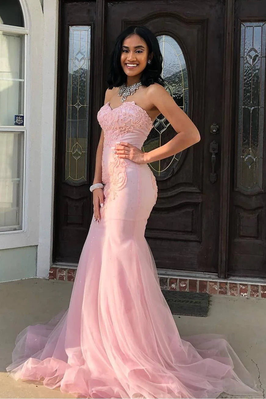 Blush‑Pink Mermaid Strapless Sweetheart‑Neck Lace‑Applique Beaded Tulle Floor‑Length Prom Dress