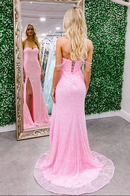 Blush Pink Mermaid Sweetheart Off-The-Shoulder Lace-Up-Back Prom Dress