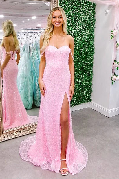 Blush Pink Mermaid Sweetheart Off-The-Shoulder Lace-Up-Back Prom Dress