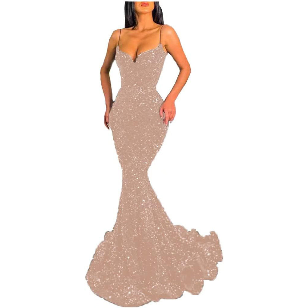 Pailletten-Meerjungfrauen-Ballkleid, funkelndes V-Ausschnitt-Ballkleid mit italienischen Nudelträgern