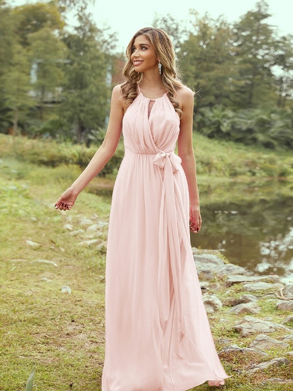 A-Line/Princess Chiffon Ruffles Halter Sleeveless Sweep/Brush Train Bridesmaid Dresses