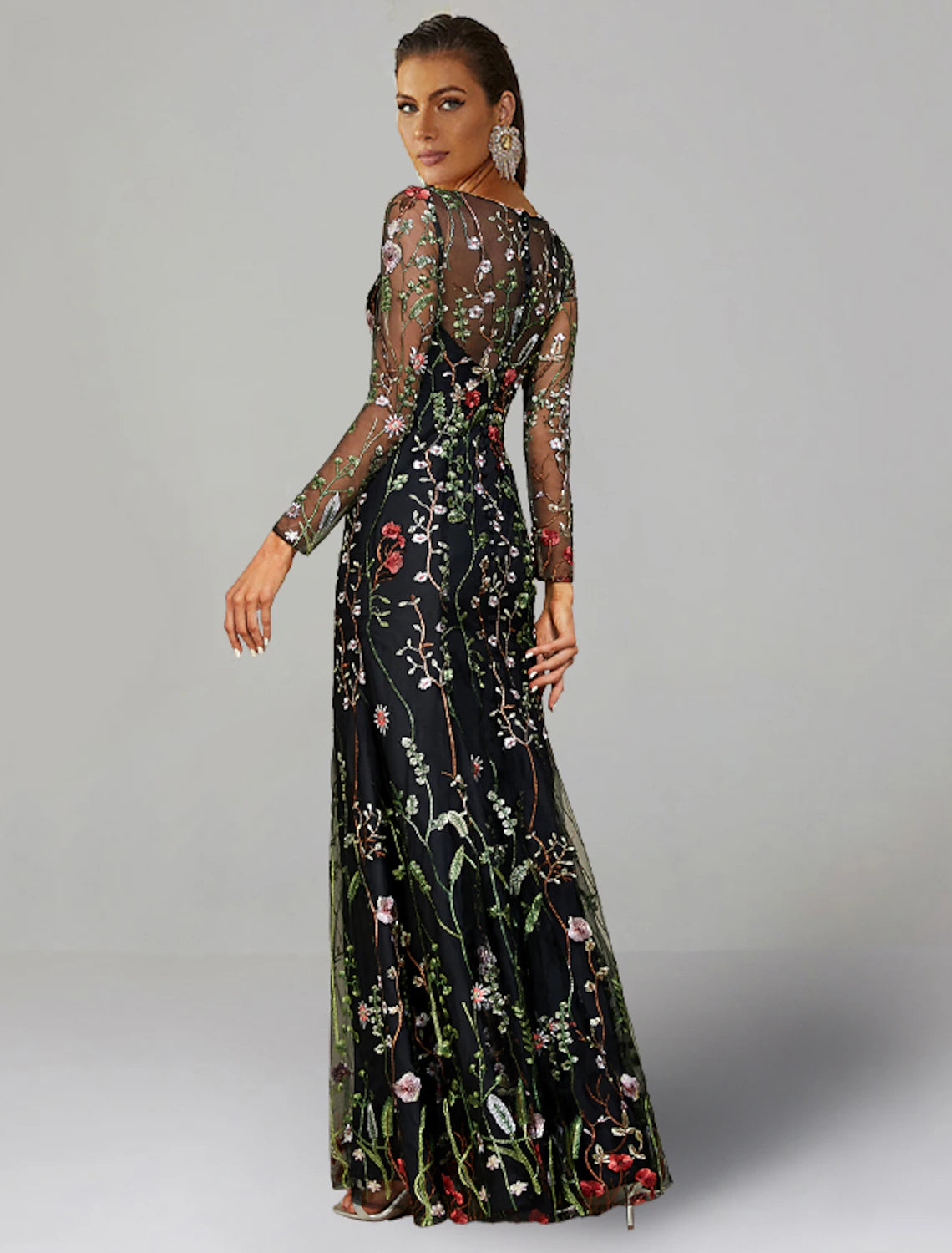 Etuikleid/Säulenkleid für Hochzeitsgäste, Blumenkleid, halbformell, Gartenparty, bodenlang, langärmlig, Rundhalsausschnitt, Tüll mit Stickerei