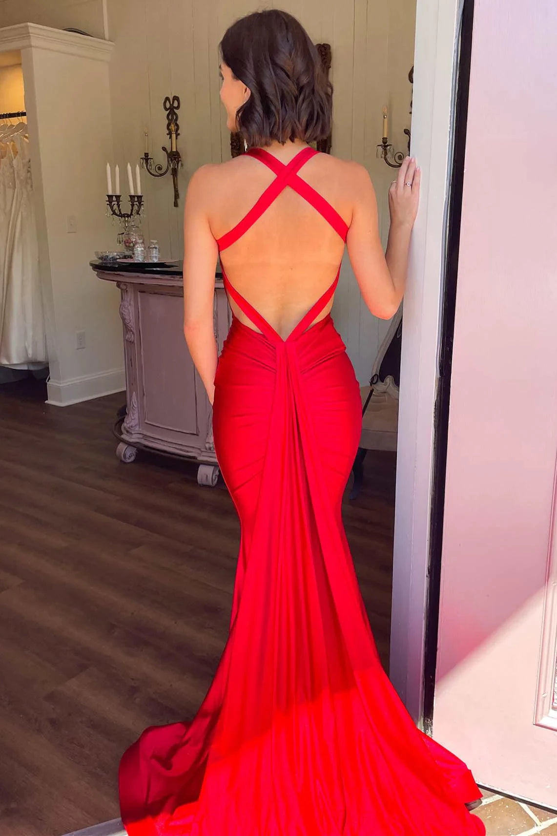 Bold Red Mermaid Halter‑Neck Crisscross‑Back Floor‑Length Satin Prom Dress
