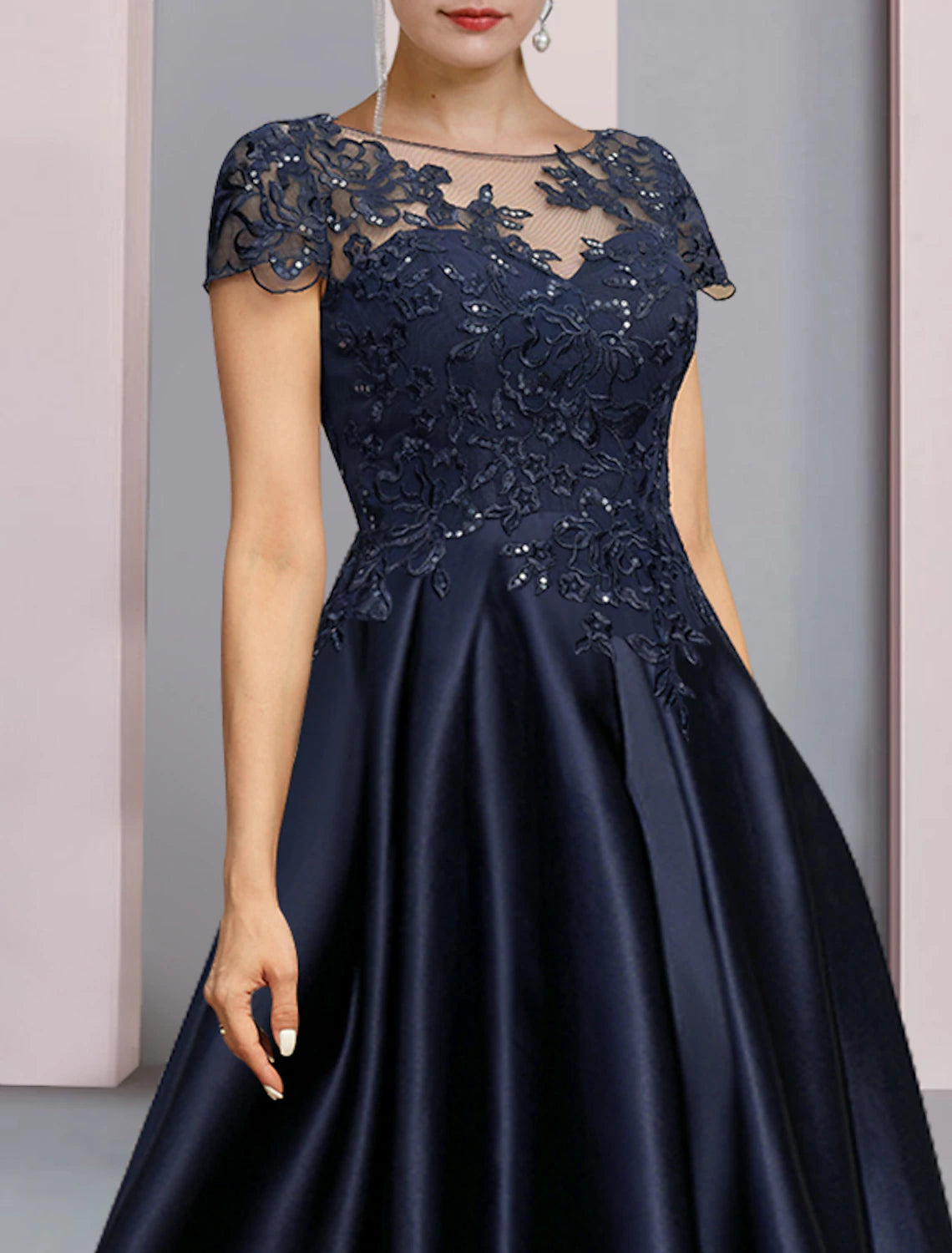 A-Line Mother of the Bride Dress Formal Wedding Guest Elegant Party High Low Scoop Neck Asymmetrical Tea Length Satin Lace Half Sleeve with Sequin Appliques