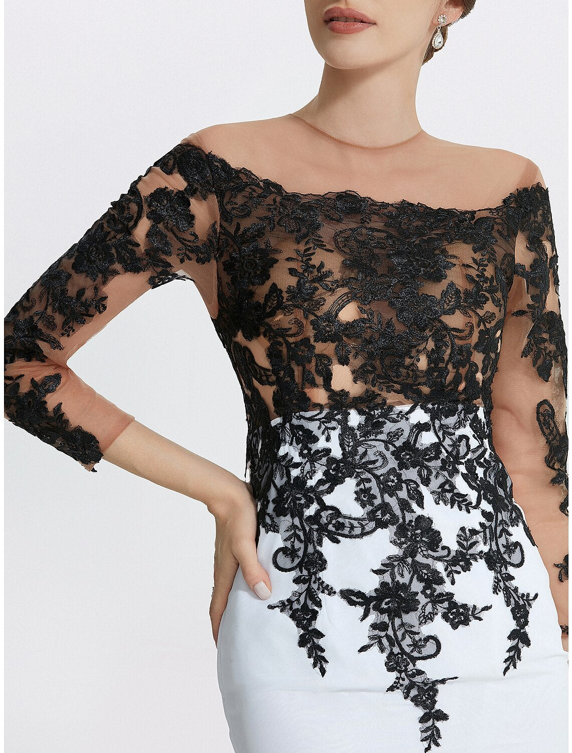 Meerjungfrau-Abendkleid, elegantes schwarzes Kleid, Maskerade, schwarze Krawatte, Farbblock, Sweep/Pinselzug, lange Ärmel, Rundhalsausschnitt, Chiffon mit Applikationen