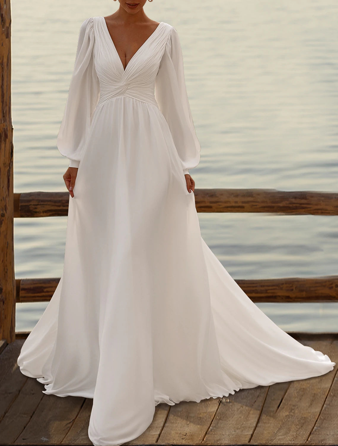 Einfache Brautkleider Brautkleider A-Linie Camisole Ärmellos Tee Länge Chiffon Brautkleider Mit Falten Einfarbig