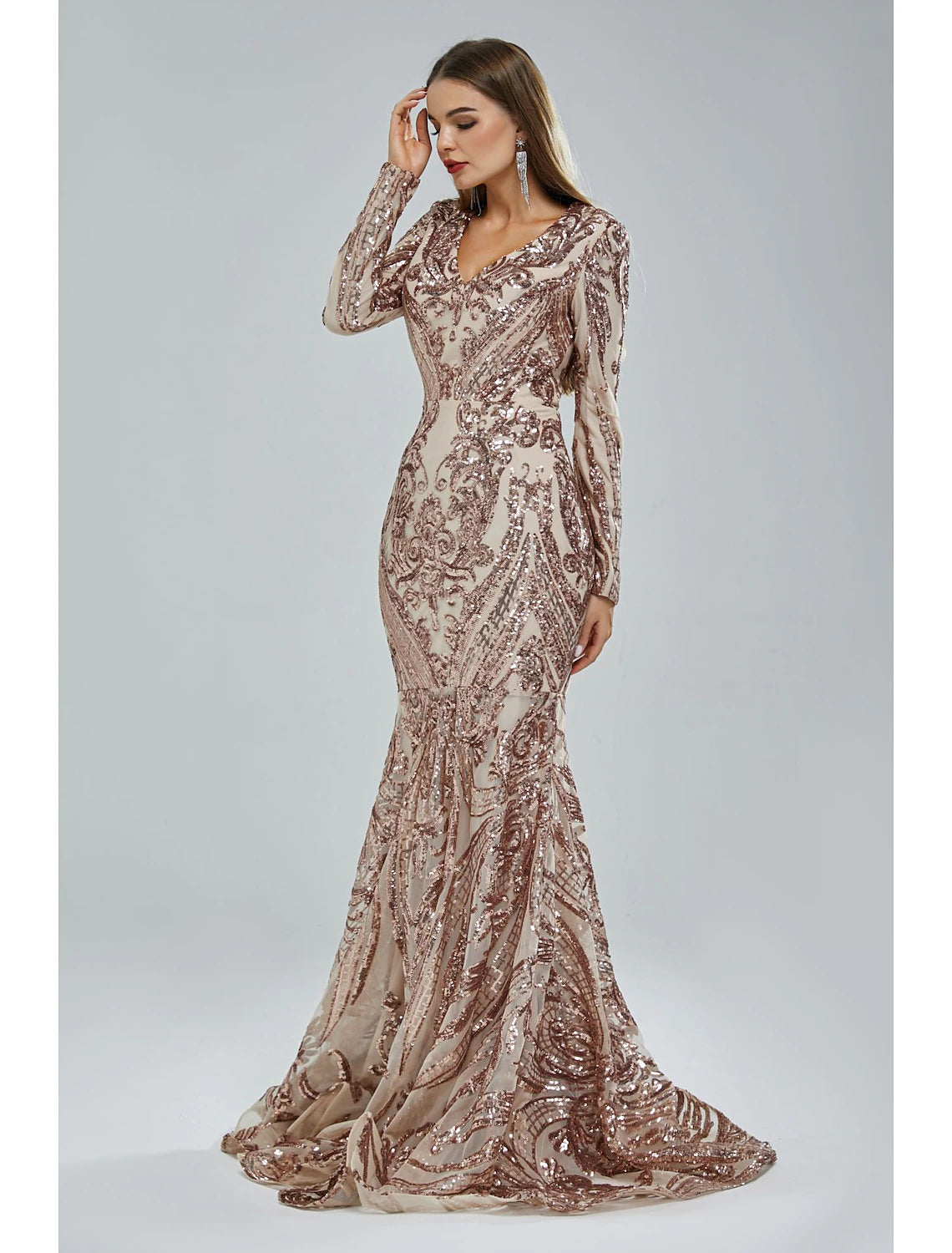 Meerjungfrau/Trompete Abendkleid Elegantes Kleid Karneval Formell Hofschleppe Langarm V-Ausschnitt Afroamerikaner Spitze mit Pailletten