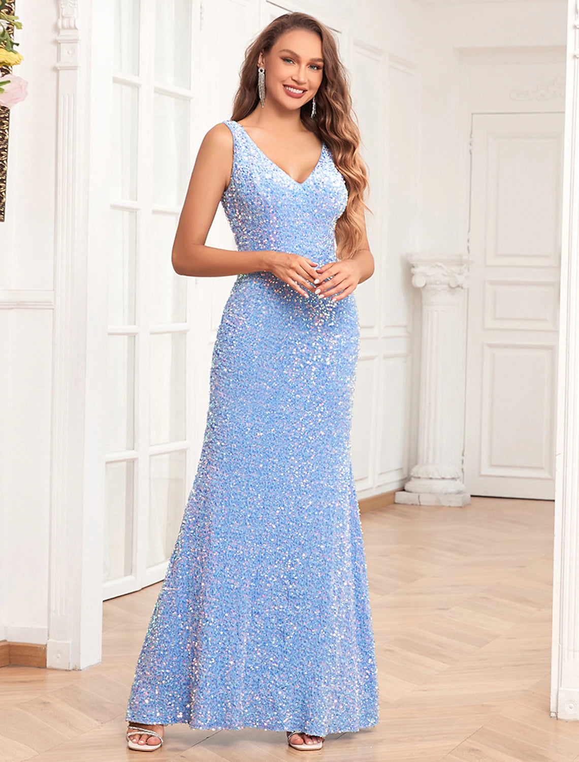 Meerjungfrau/Trompete Abendkleid Elegantes Kleid Abend Party Abschlussball Bodenlang Ärmellos V-Ausschnitt Brautjungfernkleid Pailletten V-Rücken mit Pailletten