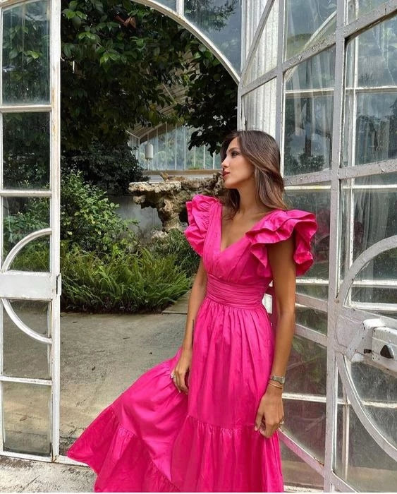 Bright Pink A-Line V-Neck Ruffle Sleeve Tiered Maxi Evening Dress