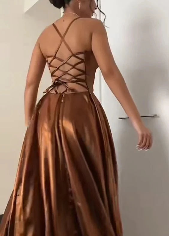 Brown Satin A-Line Sweetheart Crisscross Back Long Evening Dress