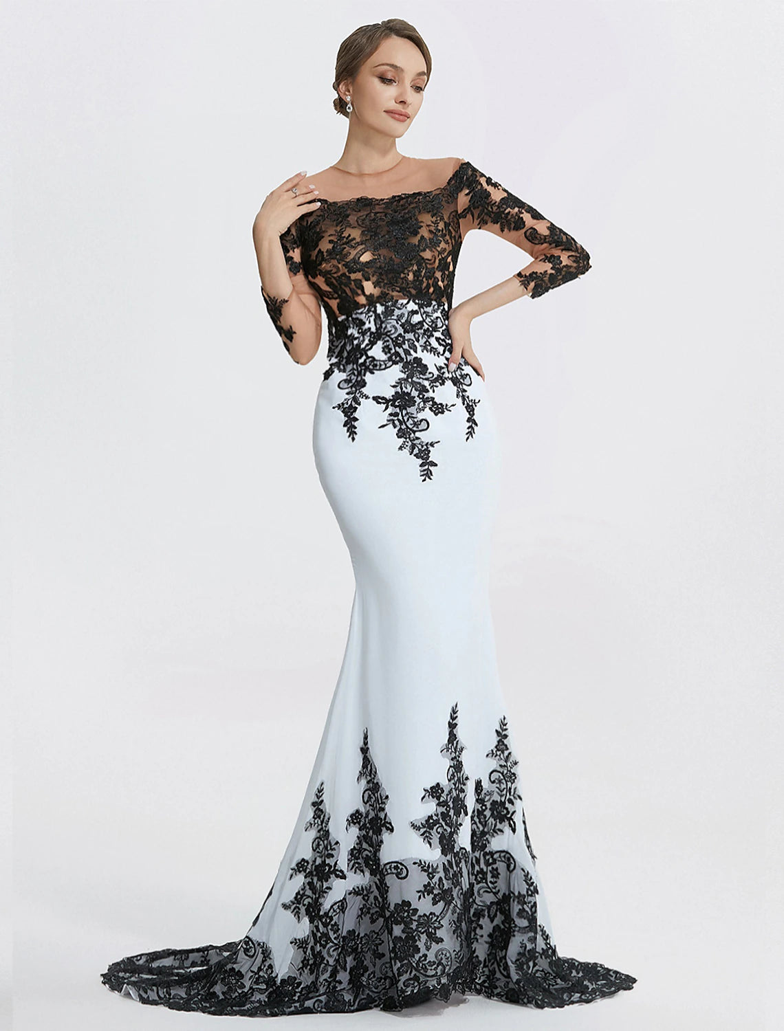 Meerjungfrau-Abendkleid, elegantes schwarzes Kleid, Maskerade, schwarze Krawatte, Farbblock, Sweep/Pinselzug, lange Ärmel, Rundhalsausschnitt, Chiffon mit Applikationen