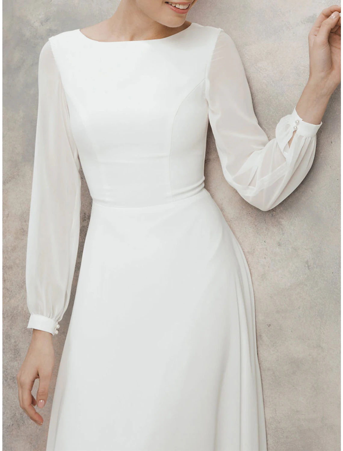 A-Line Cocktail Dresses Little White Dresses Dress Wedding Reception Tea Length Long Sleeve Jewel Neck Fall Wedding Guest Cotton V Back with Ruffles Pure Color