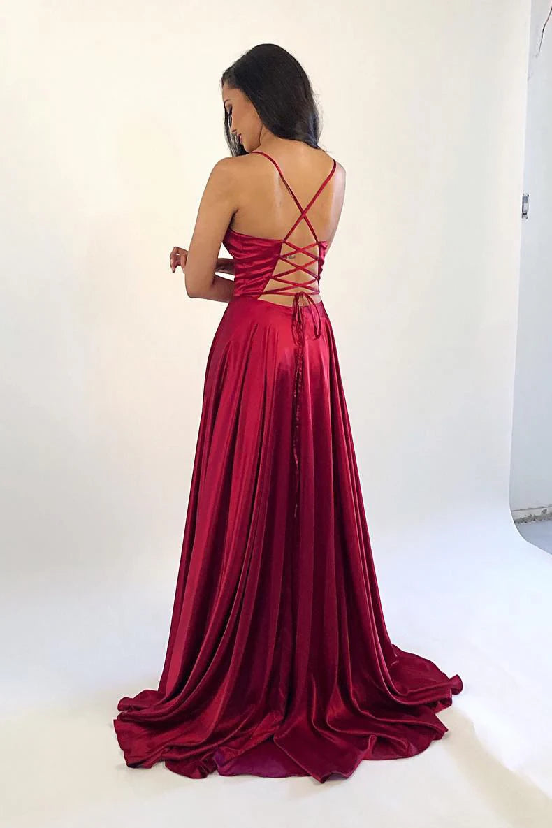 Burgundy A‑Line Spaghetti‑Strap Deep‑V Crisscross‑Lace‑Up‑Back High‑Slit Floor‑Length Satin Prom Dress