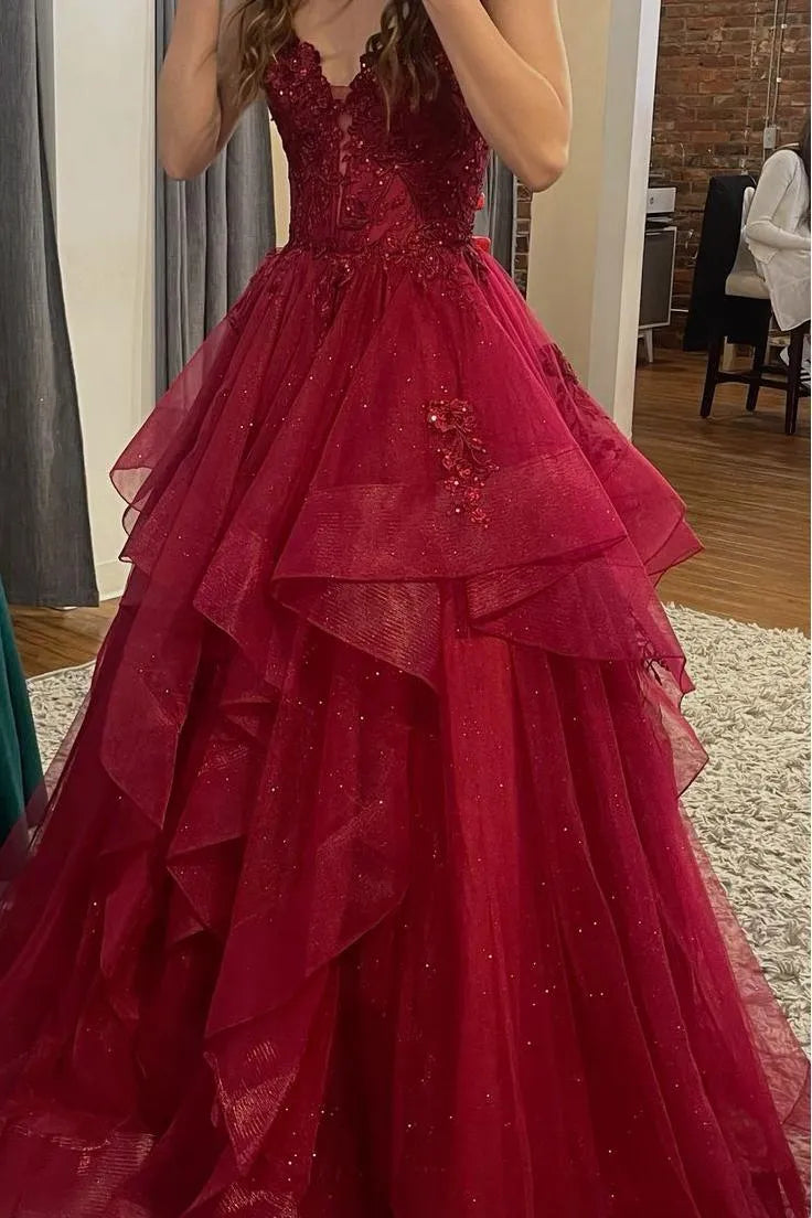 Burgundy Lace Corset Tiered Ruffle Tulle Ball Gown Prom Dress