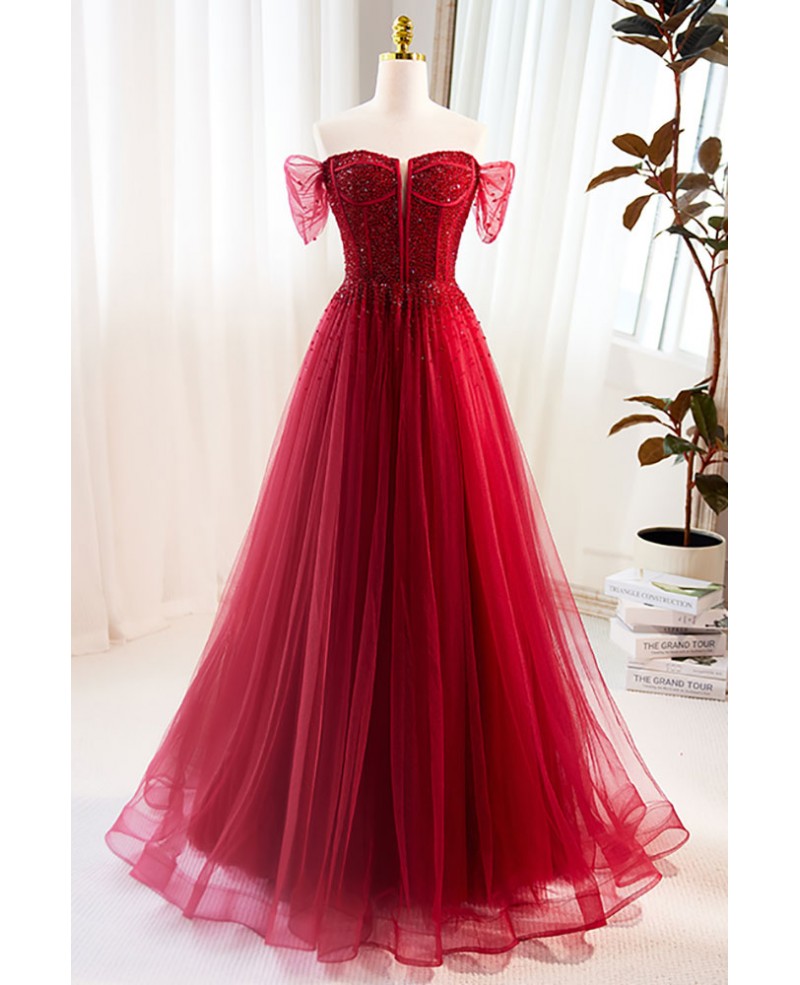 Edles weinrotes schulterfreies, kurzärmliges, perlenbesetztes Pailletten-Abendkleid