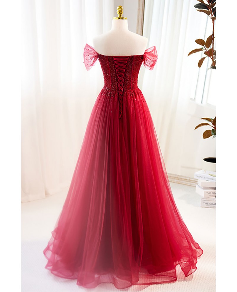 Edles weinrotes schulterfreies, kurzärmliges, perlenbesetztes Pailletten-Abendkleid