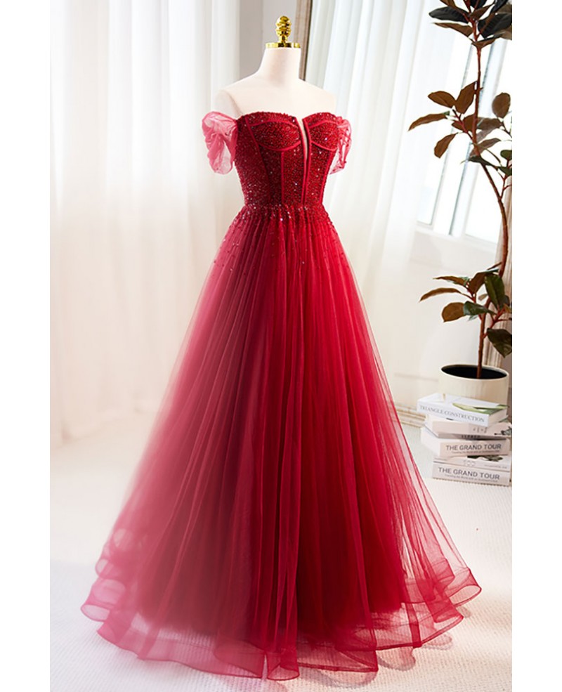 Edles weinrotes schulterfreies, kurzärmliges, perlenbesetztes Pailletten-Abendkleid