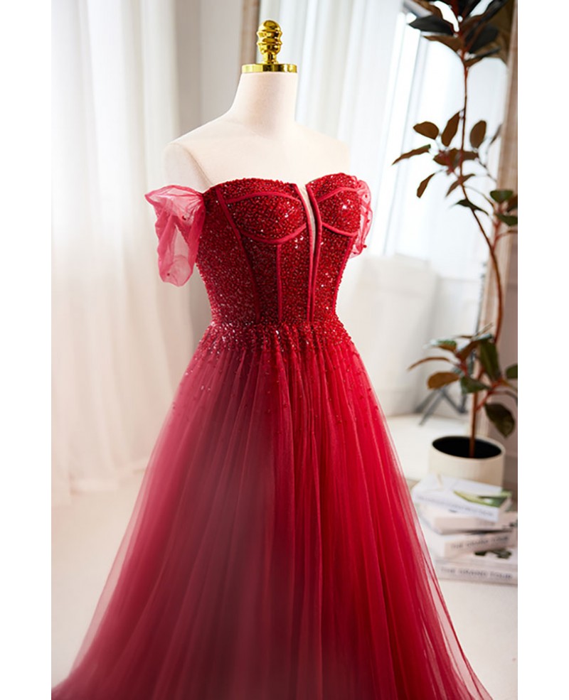 Edles weinrotes schulterfreies, kurzärmliges, perlenbesetztes Pailletten-Abendkleid