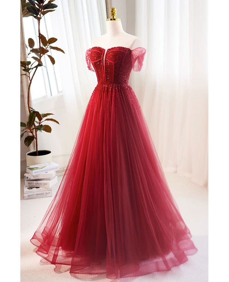 Edles weinrotes schulterfreies, kurzärmliges, perlenbesetztes Pailletten-Abendkleid