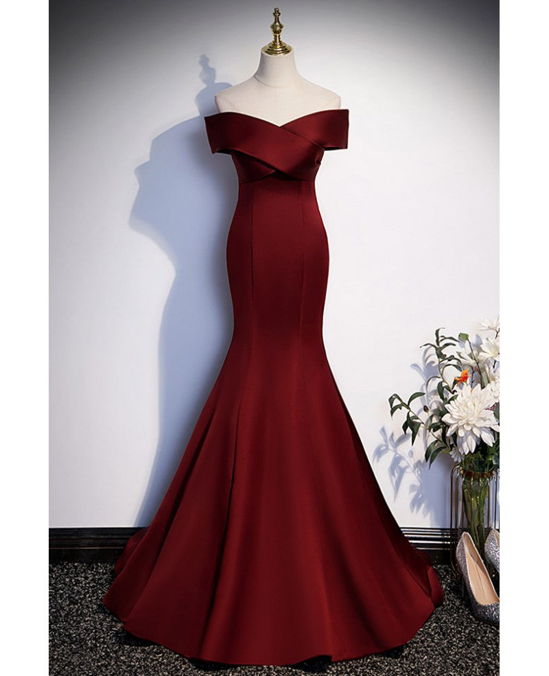 Elegant/Sexy Wine Red Mermaid Off the Shoulder Sleeveless Off the Back Bow Evening Dress Wine Red Tulle Off the Back and Floor Length Prom Dress
