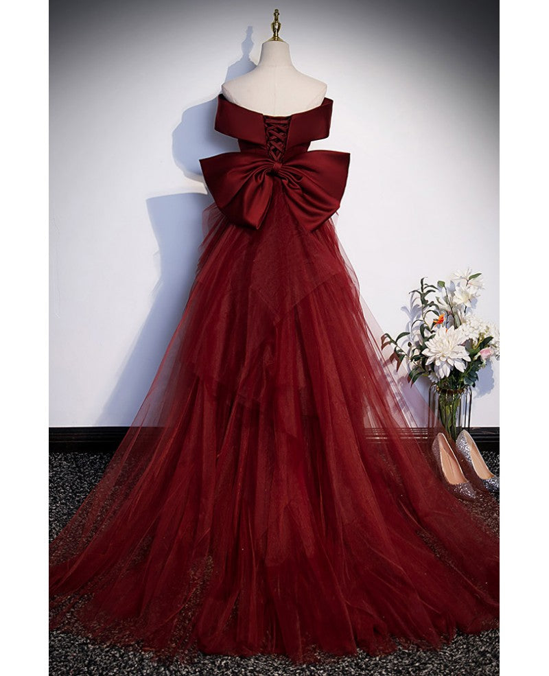 Robe de soirée sirène élégante/sexy rouge vin à épaules dénudées sans manches à dos nu avec nœud Robe de bal en tulle rouge vin à dos nu et longueur au sol