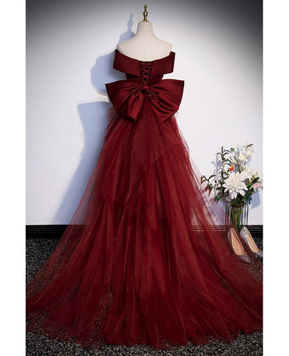 Elegant/Sexy Wine Red Mermaid Off the Shoulder Sleeveless Off the Back Bow Evening Dress Wine Red Tulle Off the Back and Floor Length Prom Dress