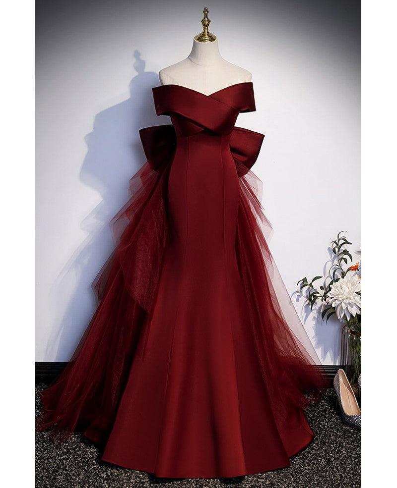 Elegant/Sexy Wine Red Mermaid Off the Shoulder Sleeveless Off the Back Bow Evening Dress Wine Red Tulle Off the Back and Floor Length Prom Dress