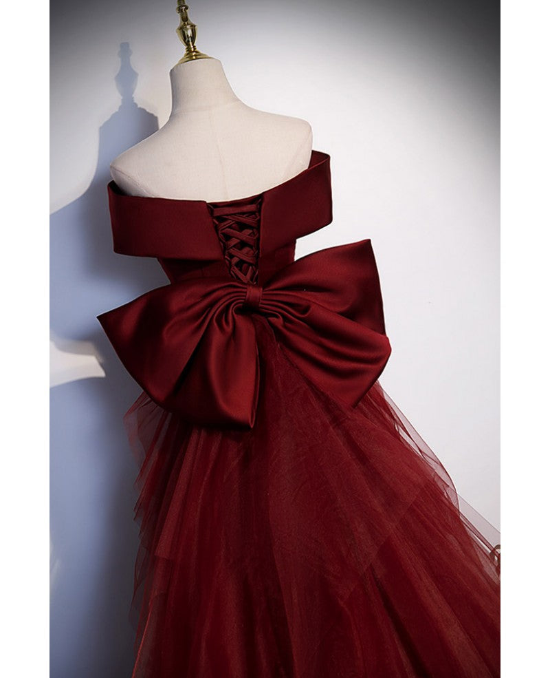 Robe de soirée sirène élégante/sexy rouge vin à épaules dénudées sans manches à dos nu avec nœud Robe de bal en tulle rouge vin à dos nu et longueur au sol