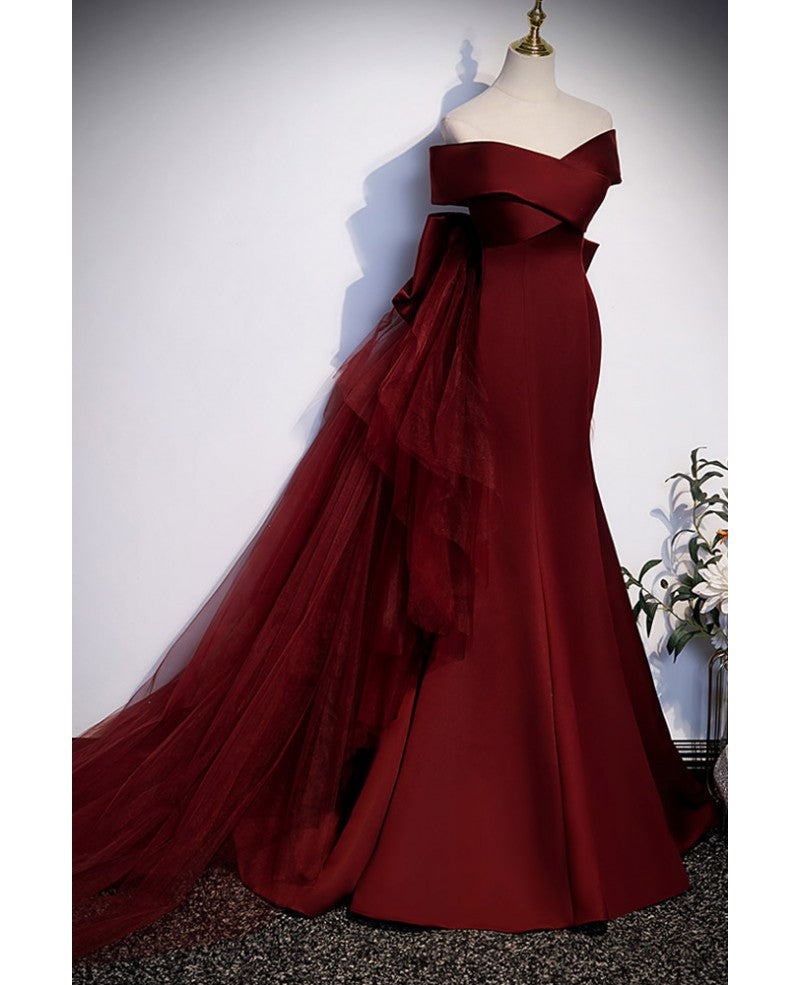 Robe de soirée sirène élégante/sexy rouge vin à épaules dénudées sans manches à dos nu avec nœud Robe de bal en tulle rouge vin à dos nu et longueur au sol