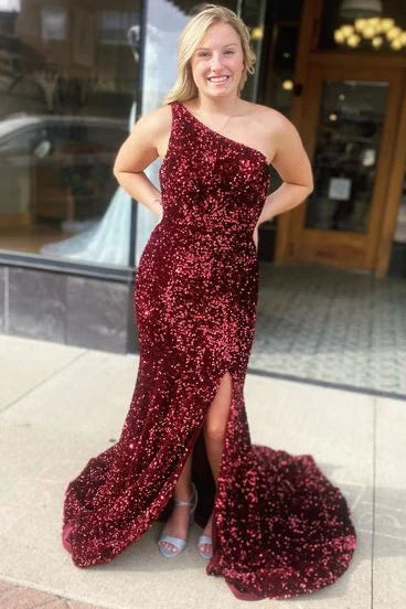 Burgundy‑Red Mermaid One‑Shoulder Single‑Strap‑Back Full‑Sequin High‑Slit Floor‑Length Velvet‑Base Prom Dress