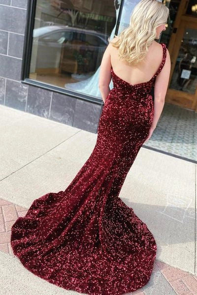 Burgundy‑Red Mermaid One‑Shoulder Single‑Strap‑Back Full‑Sequin High‑Slit Floor‑Length Velvet‑Base Prom Dress