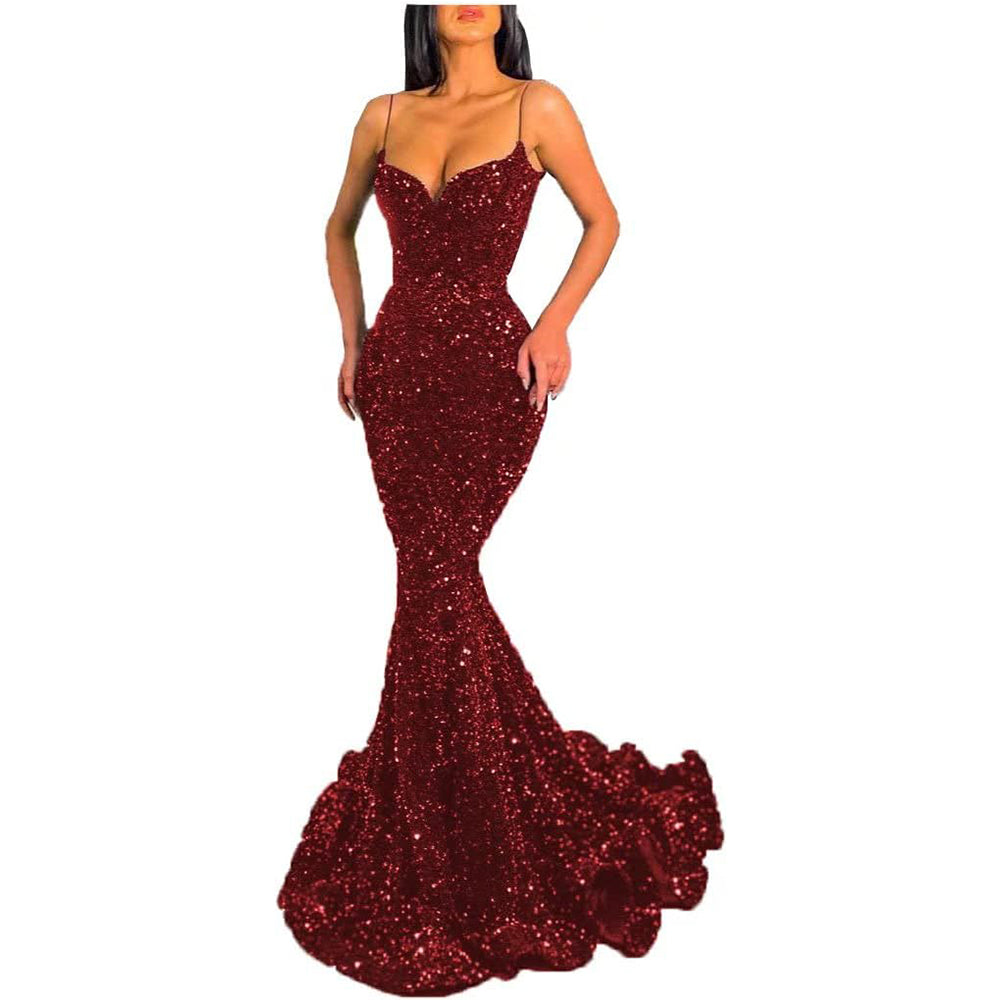 Pailletten-Meerjungfrauen-Ballkleid, funkelndes V-Ausschnitt-Ballkleid mit italienischen Nudelträgern
