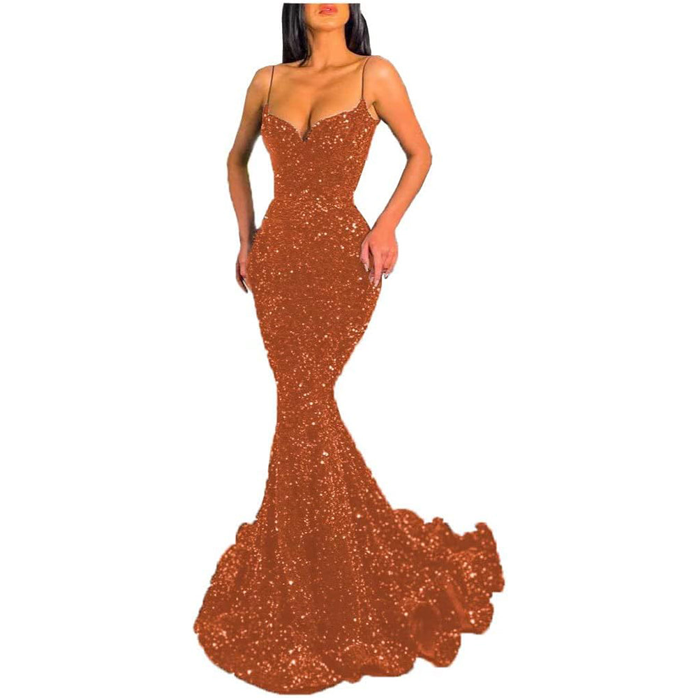 Pailletten-Meerjungfrauen-Ballkleid, funkelndes V-Ausschnitt-Ballkleid mit italienischen Nudelträgern