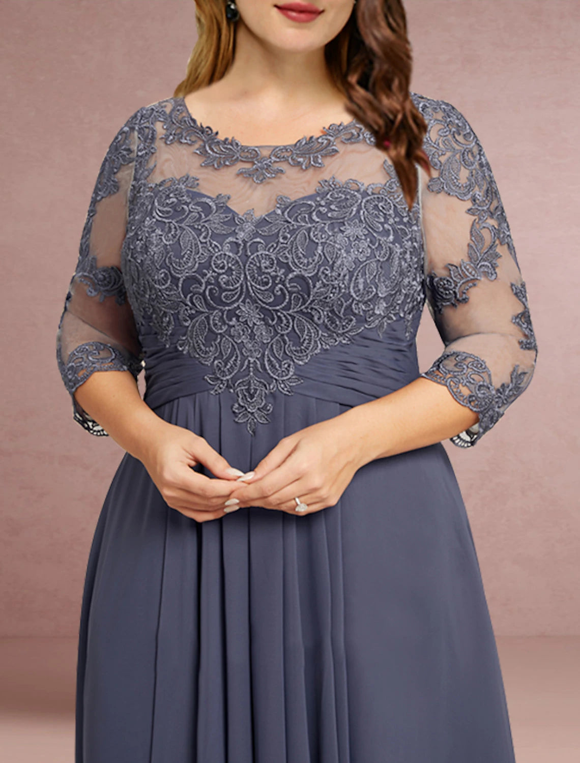 Etuikleid/Säulenkleid für die Brautmutter, Hochzeitsgast, elegant, Rundhalsausschnitt, asymmetrisch, Chiffon, Spitze, 3/4-Ärmel mit Falten, einfarbig