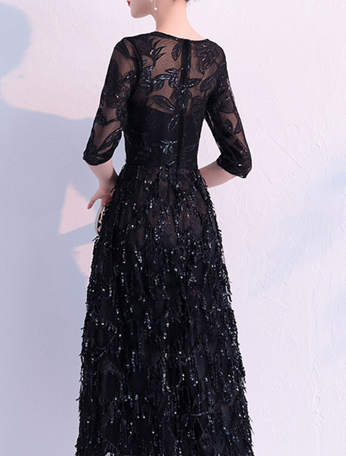 A-Line Prom Dresses Flapper Dress Party Wear Cocktail Party Tea Length Half Sleeve V Neck Lace with Fringe Sequin Tassel