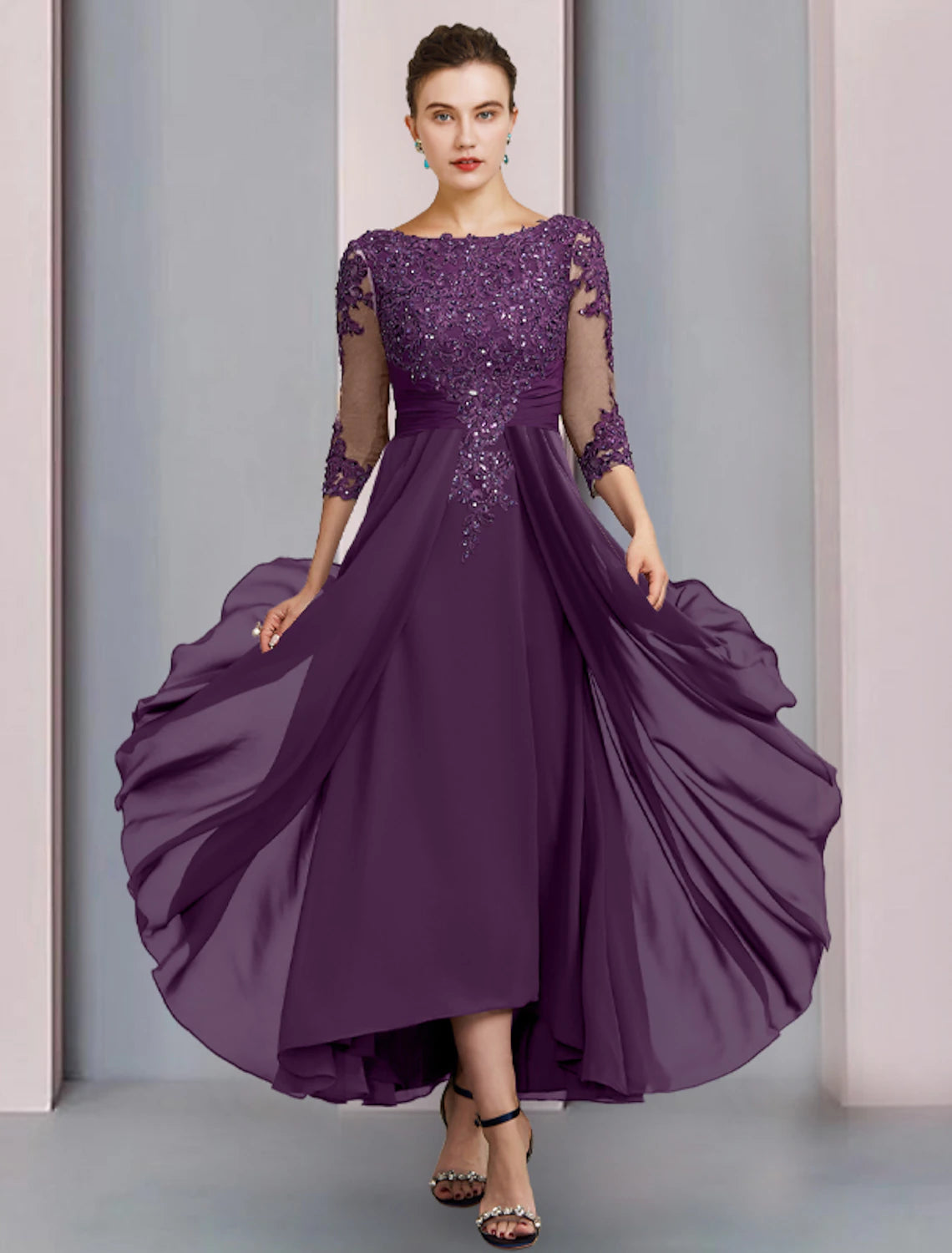 Etuikleid/Säulenkleid für die Brautmutter, Hochzeitsgast, elegantes Partykleid, Rundhalsausschnitt, knöchellang, Chiffon, Spitze, 3/4-Ärmel mit Falten, Pailletten