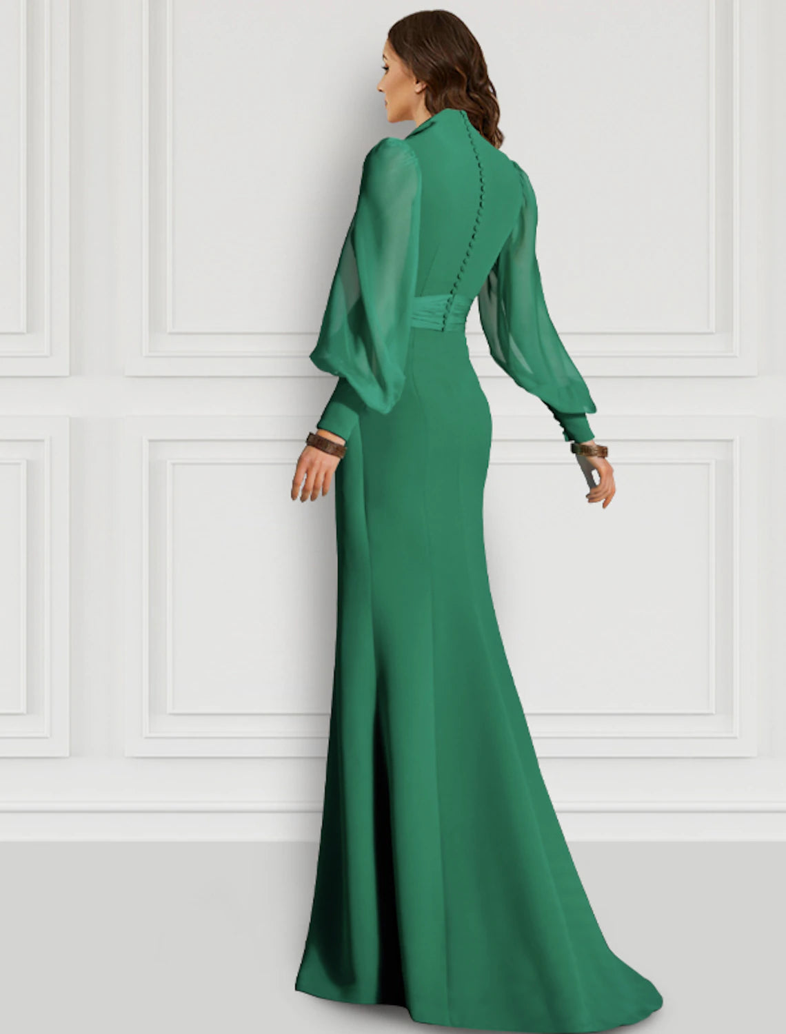 Meerjungfrau Weihnachten Rot Grün Kleid Abendkleid Elegantes Kleid Formal Hochzeitsgast Sweep / Brush Train Langarm V-Ausschnitt Herbst Hochzeitsgast Chiffon mit Schlitz Riemchen