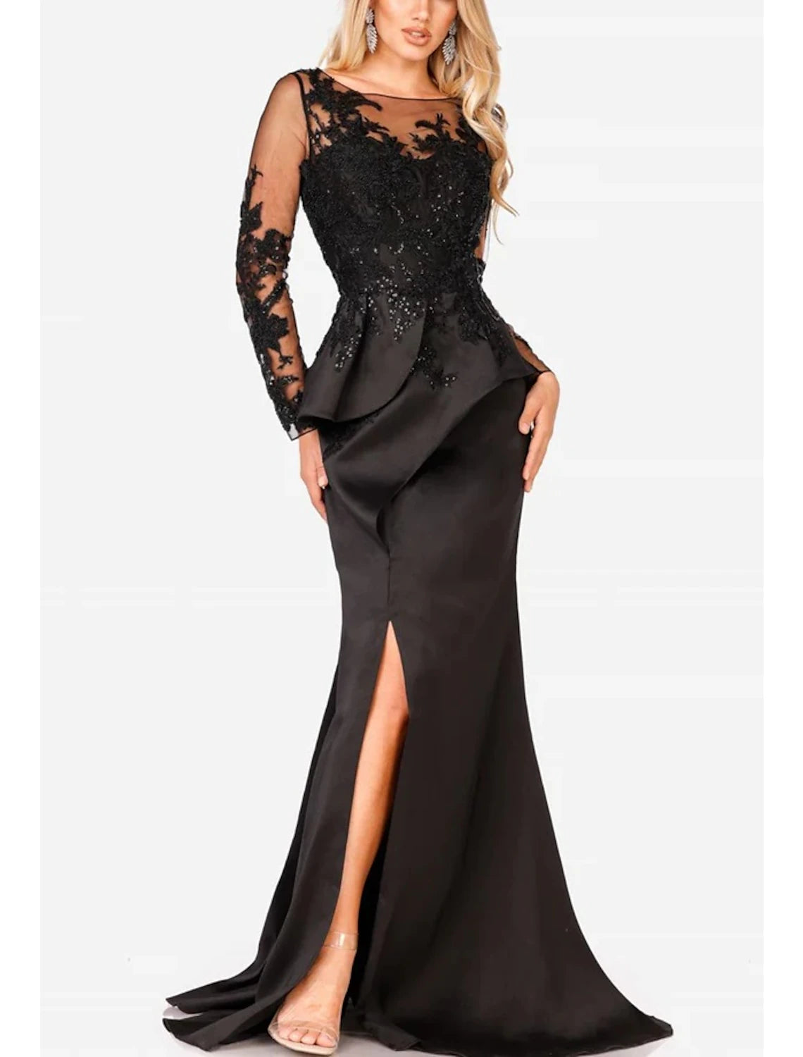 Meerjungfrau/Trompete Abendkleid Elegantes Kleid Formeller Abschlussball Bodenlang Langarm Rundhals Satin mit Schlitzapplikationen