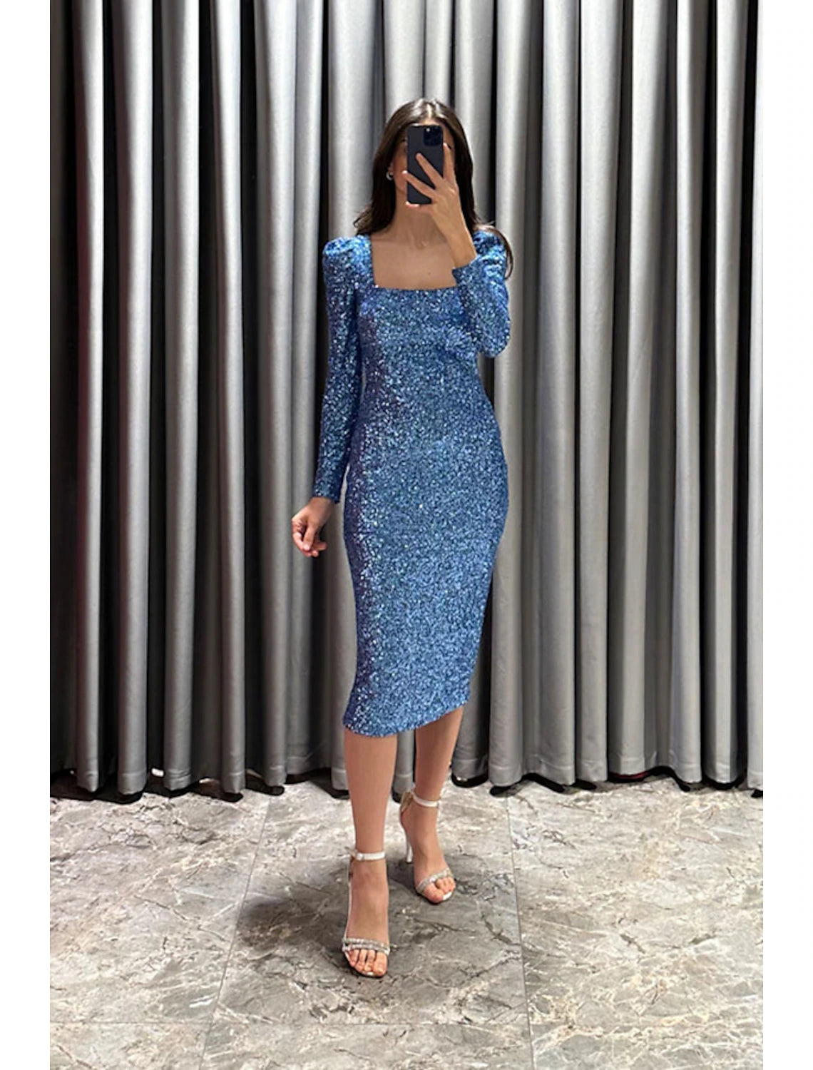 Robe de soirée fourreau/colonne élégante robe noire formelle automne longueur thé manches longues col carré paillettes avec fente scintillante