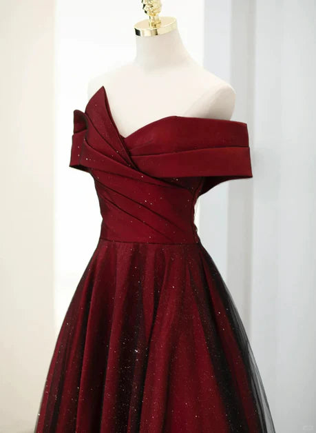 A-line off shoulder wine red sheer long party dress, wine red and black dance dress