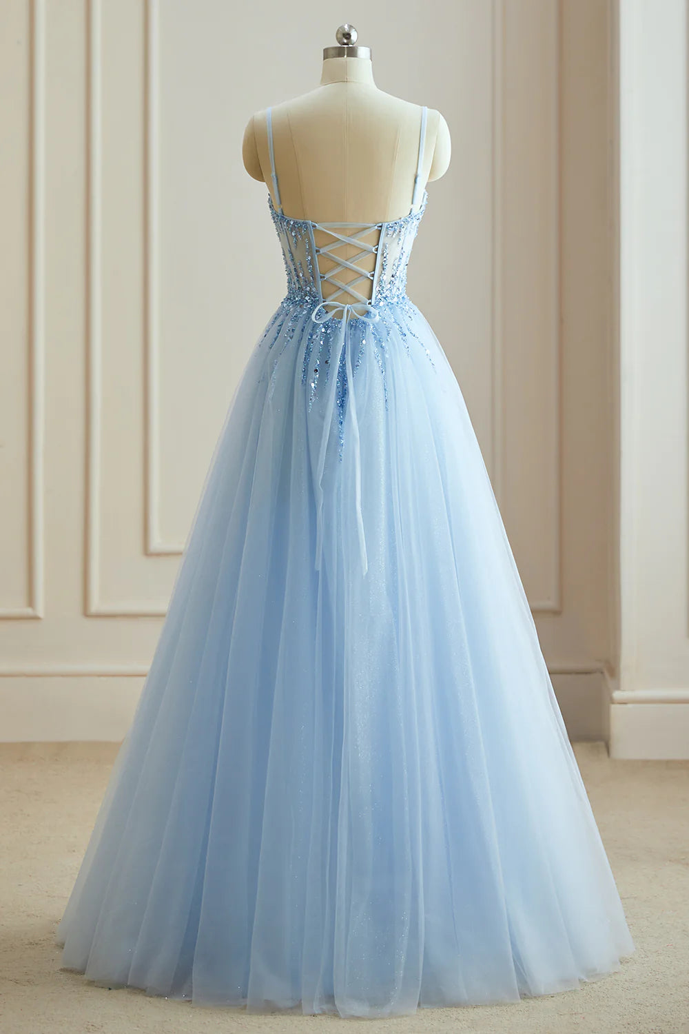 A-Line V-Neck Spaghetti Straps Beads Modest Tulle Cheap Evening Prom Dresses