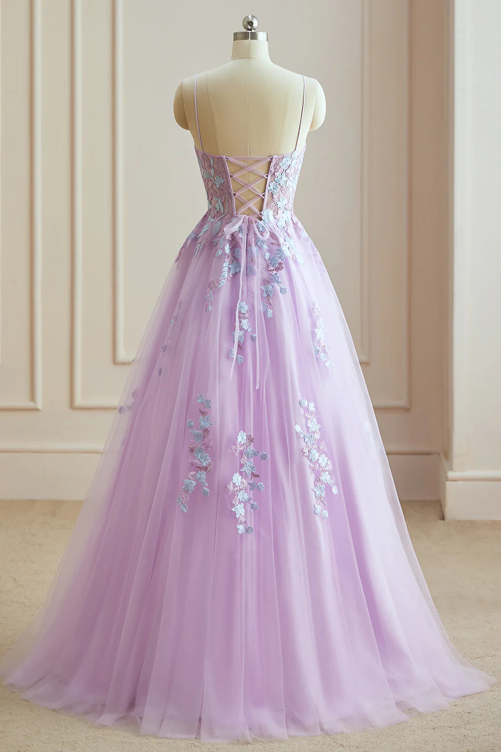 Einfaches A-Linie Spaghettiträger Tüll Langes Ballkleid mit Applikation 